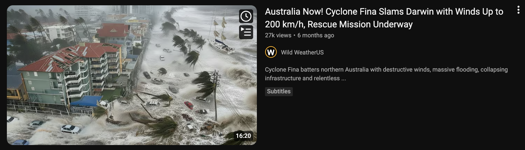 YouTube thumbnail from a channel called Wild WeatherUS, titled Cyclone Fina Slams Darwin with Winds Up to 200 km/h, showing a flooded high-rise beachfront with cars swept by storm surge.