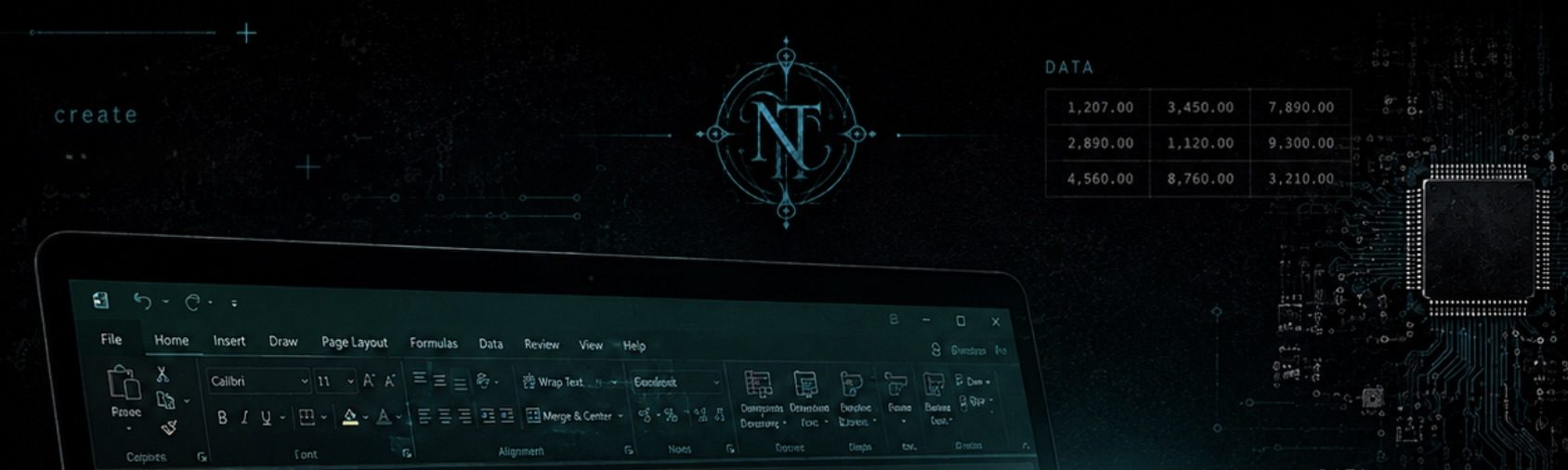 A laptop beside the NT monogram
