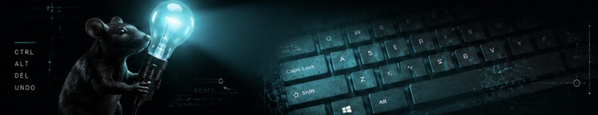 Circuitry, a keyboard and a mouse holding a lit bulb