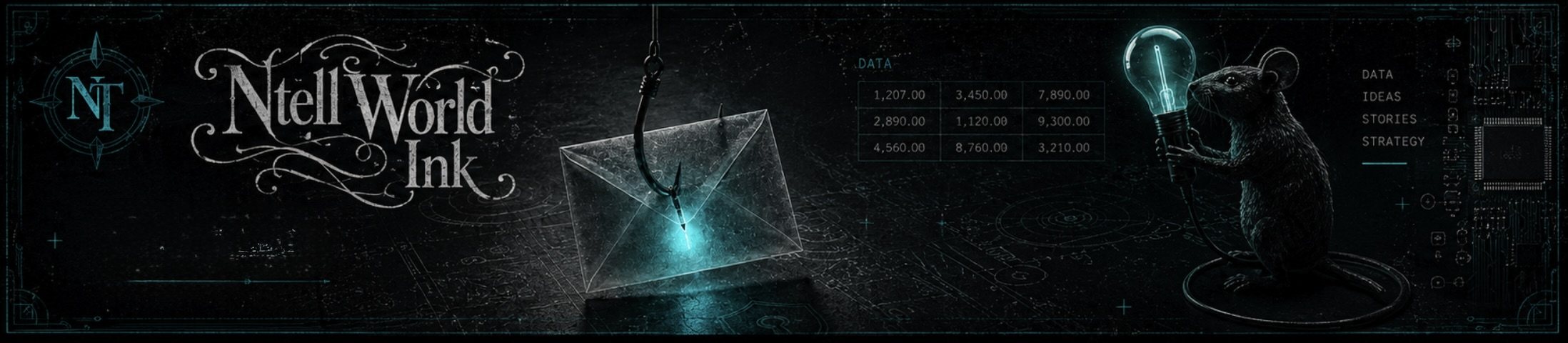 The Ntell World Ink wordmark, an envelope on a hook and a mouse holding a lit bulb