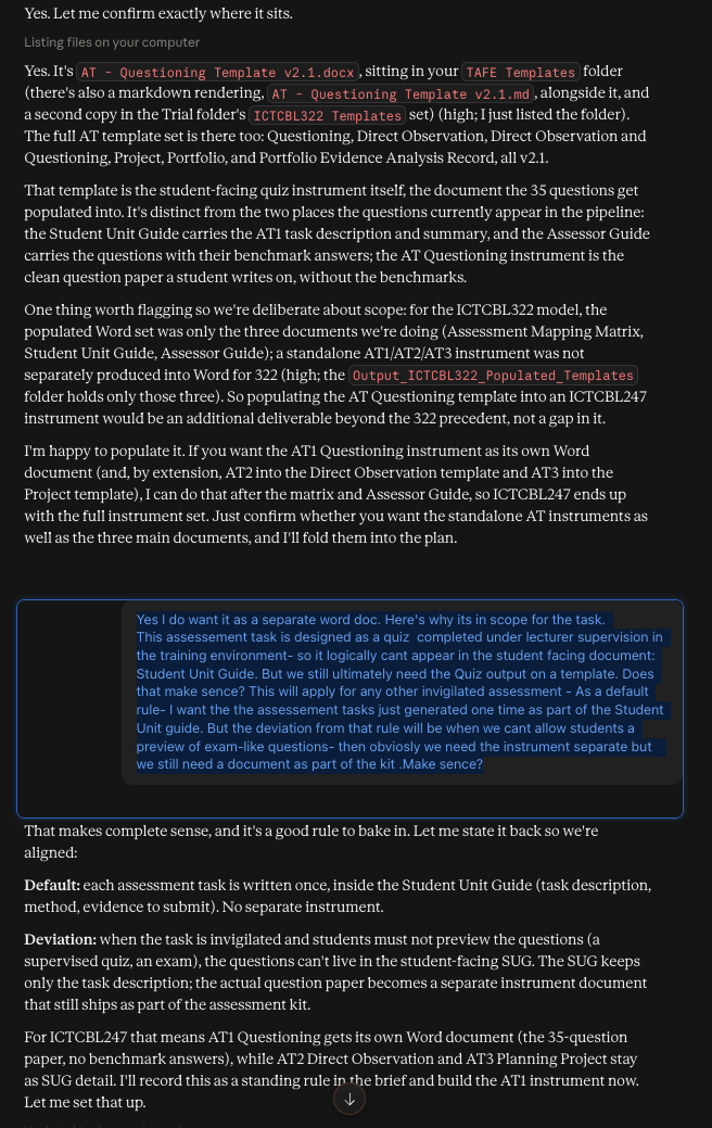 Cowork conversation: Claude explains that the AT1 Questioning instrument was not part of the ICTCBL322 precedent and asks whether to build it; the reply sets the rule for invigilated tasks