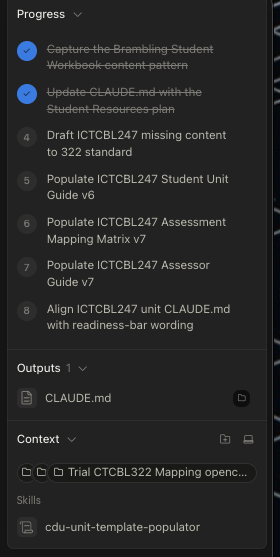 Cowork's progress panel for the ICTCBL247 build: two tasks struck through, six queued, ending with aligning the unit brief with the readiness-bar wording