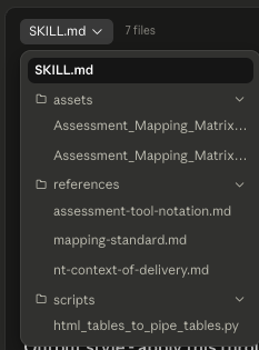 Cowork's file list for the cdu-assessment-mapping skill: SKILL.md, an assets folder with the Assessment Mapping Matrix template, a references folder with assessment-tool-notation, mapping-standard and nt-context-of-delivery, and a scripts folder with html_tables_to_pipe_tables.py