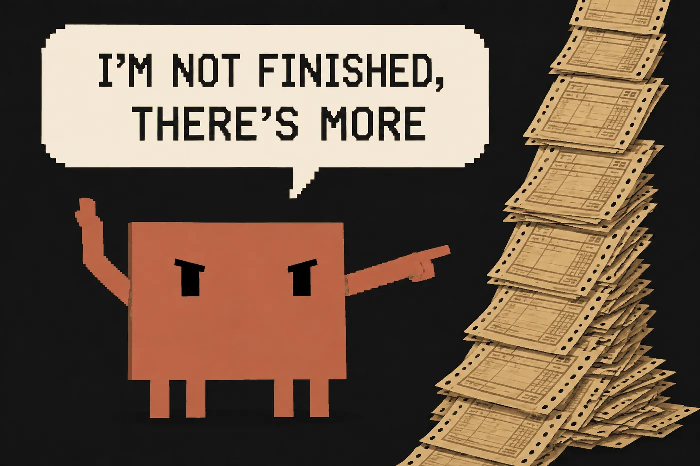 The pixel-art block character, cross, points at a towering stack of forms. Speech bubble: I am not finished, there is more.