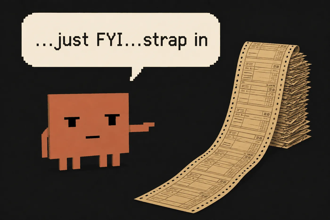 A pixel-art red block character points at an endless fanfold printout of forms. Speech bubble: just FYI, strap in.