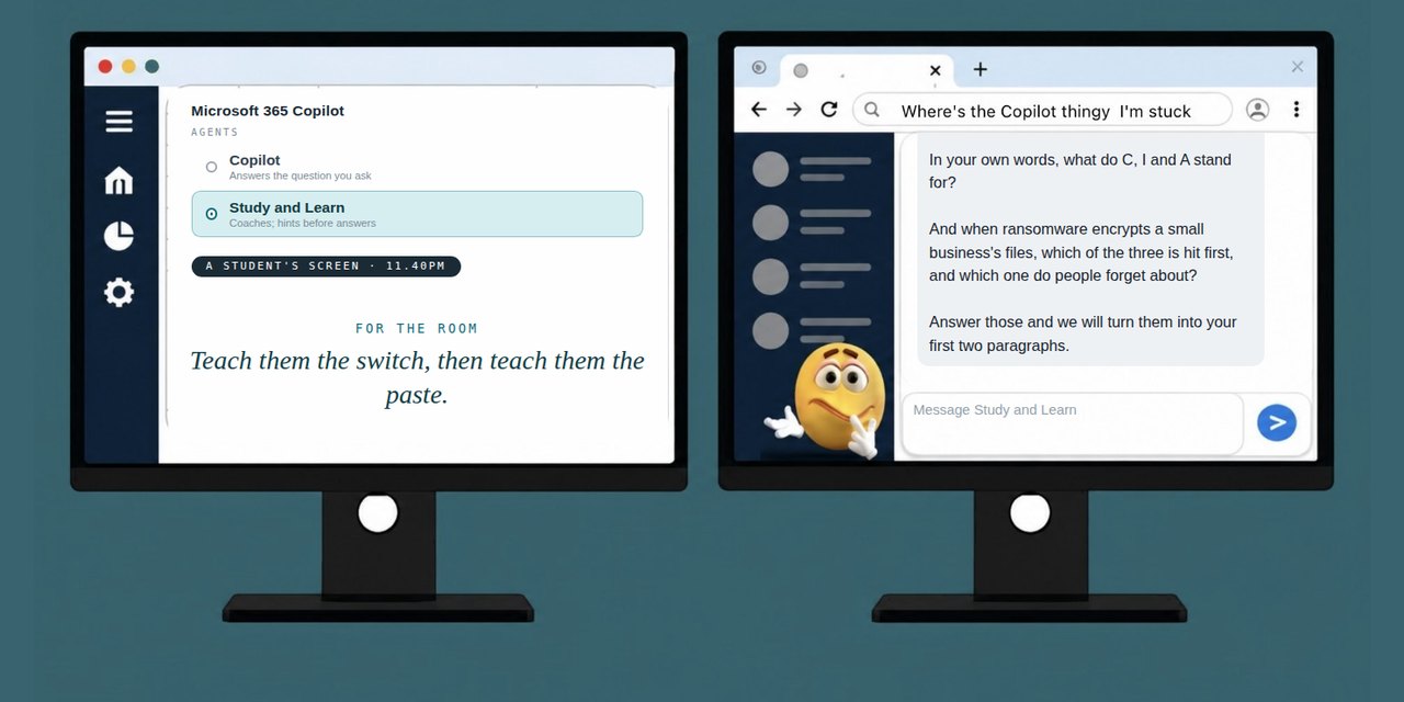 The game's two-monitor scene: the Microsoft 365 Copilot agent picker with Study and Learn selected on the left, and a Study and Learn reply asking the student what C, I and A stand for on the right
