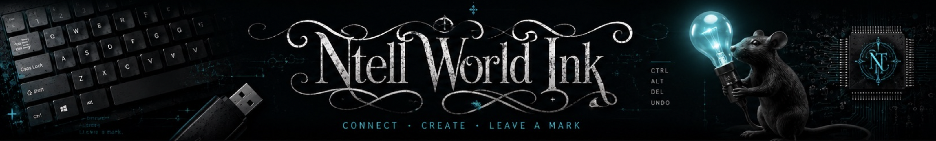 Ntell World Ink, with keyboard, USB drive, the NT monogram and a mouse holding a lit bulb