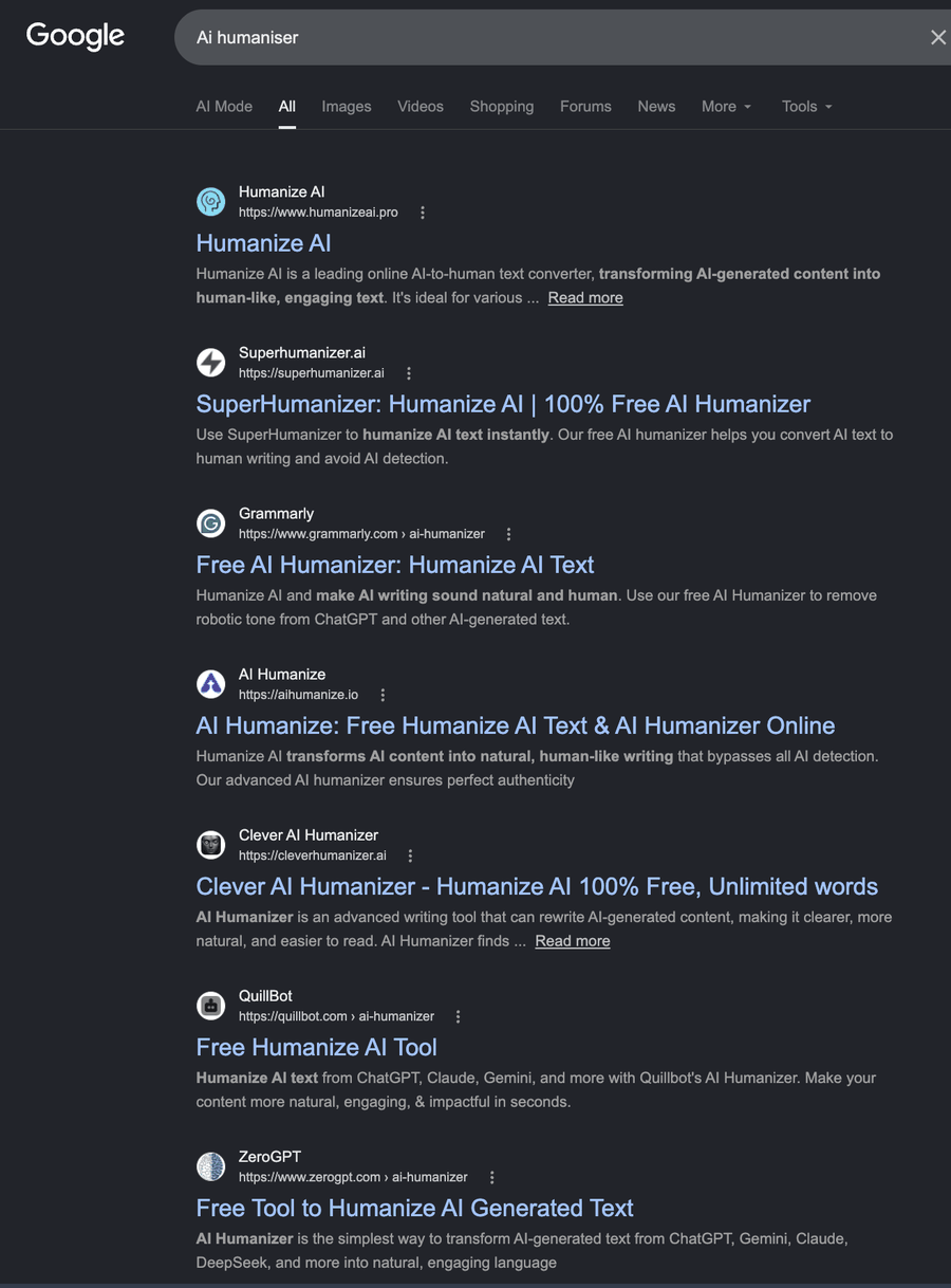 Google search results for AI humaniser, listing Humanize AI, SuperHumanizer, Grammarly, AI Humanize, Clever AI Humanizer, QuillBot and ZeroGPT, several promising to bypass AI detection