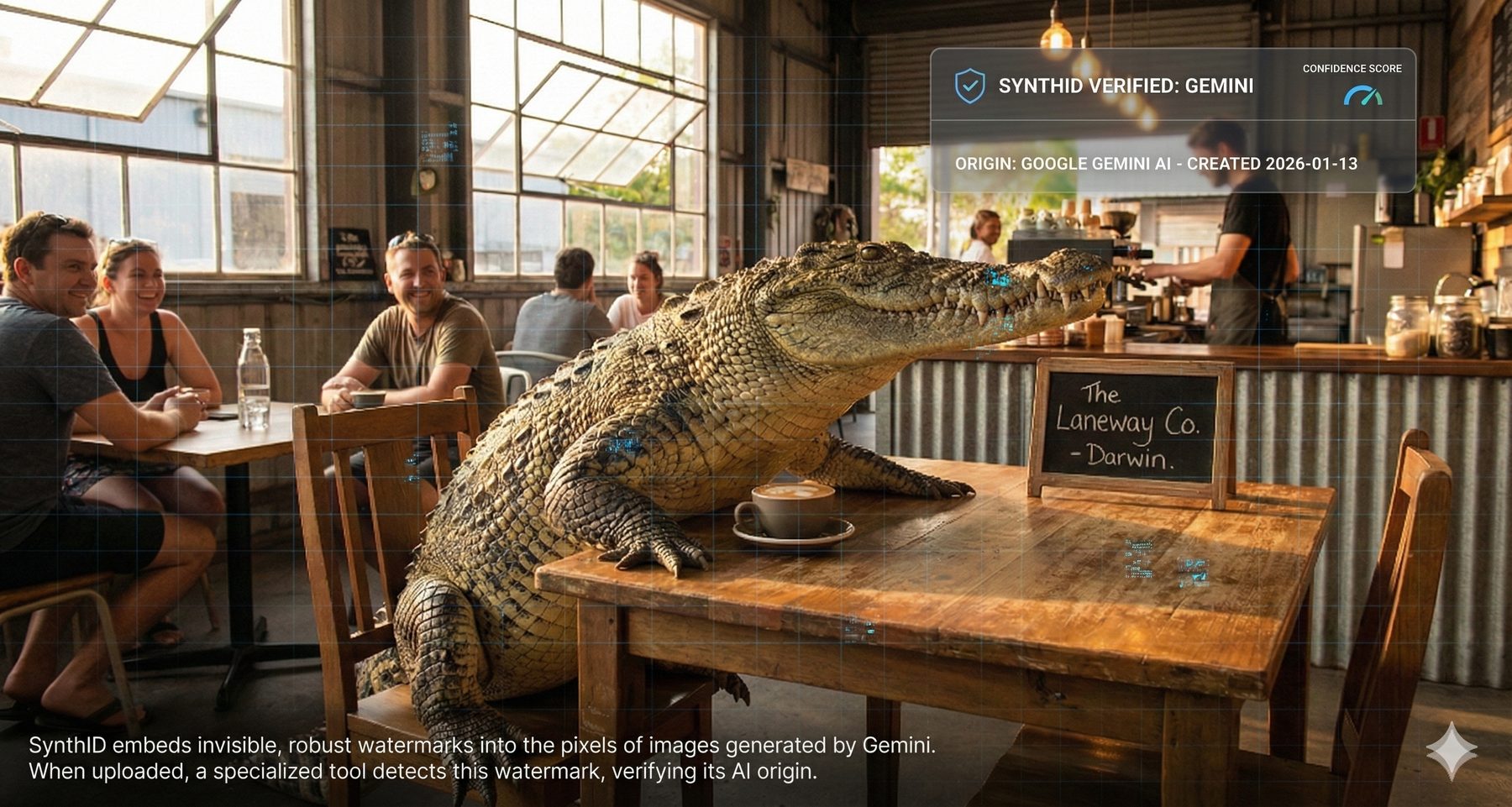 A photorealistic AI-generated image of a saltwater crocodile sitting at a Darwin cafe table, overlaid with a mock SynthID verification panel reading SynthID verified: Gemini, origin Google Gemini AI