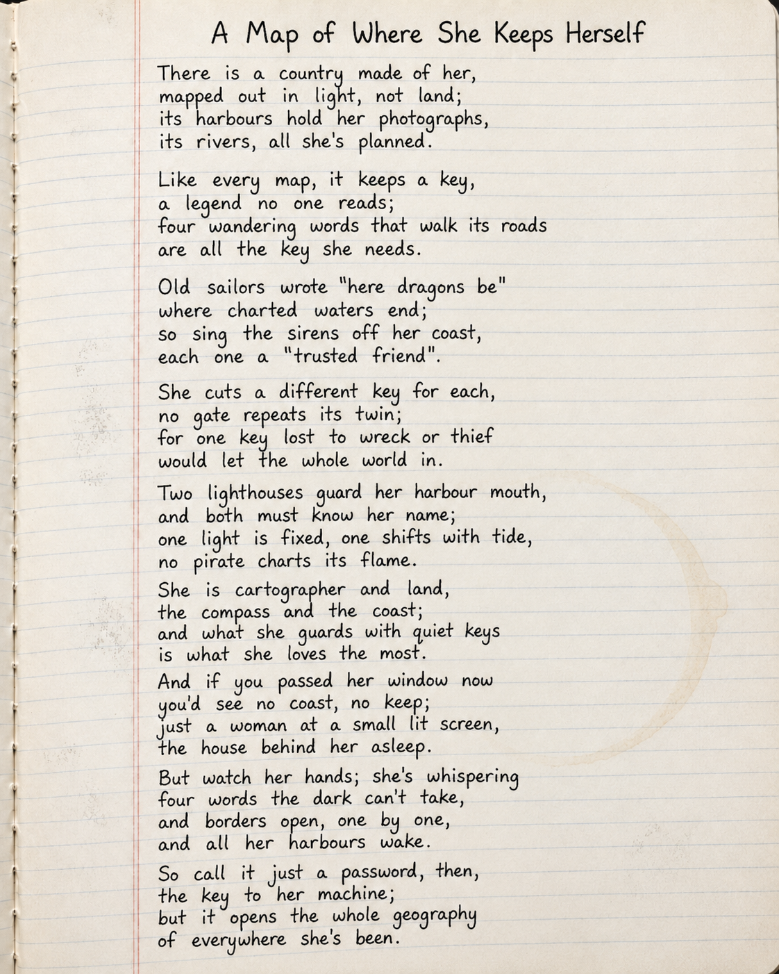 A poem titled A Map of Where She Keeps Herself, handwritten neatly on lined notebook paper.