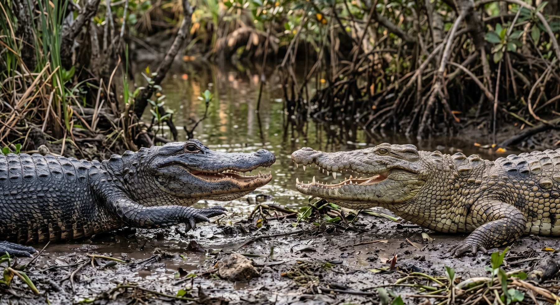 An AI-generated picture of an alligator on the left and a crocodile on the right, facing each other across a muddy creek lined with mangroves
