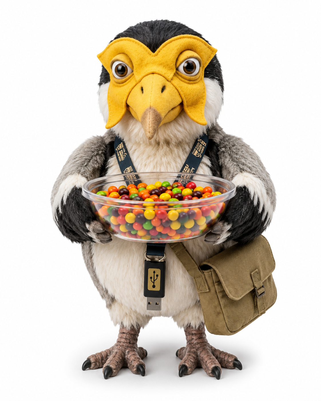 Plux, a plush toy plover mascot wearing a yellow felt mask, holding a glass bowl of lollies, with a USB-pendant necklace and a satchel